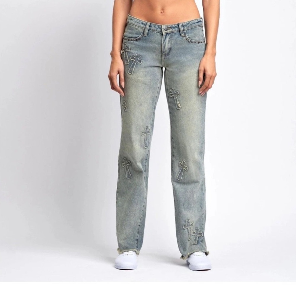 Austin Landing Viral Cross Patch Jeans‎ Light Wash Straight Leg Juniors Sz 13